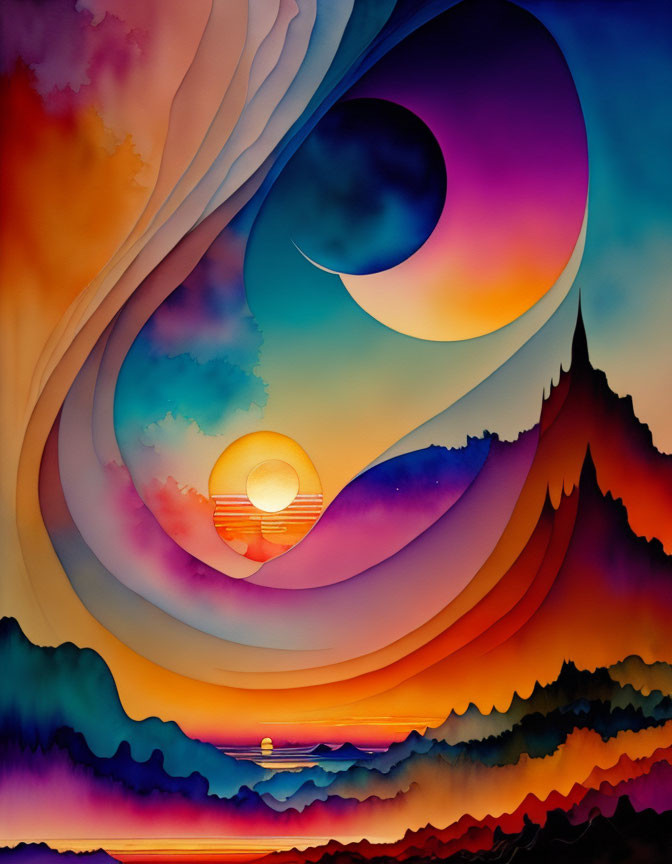 Vibrant sunset art with wave swirls over mountain landscape