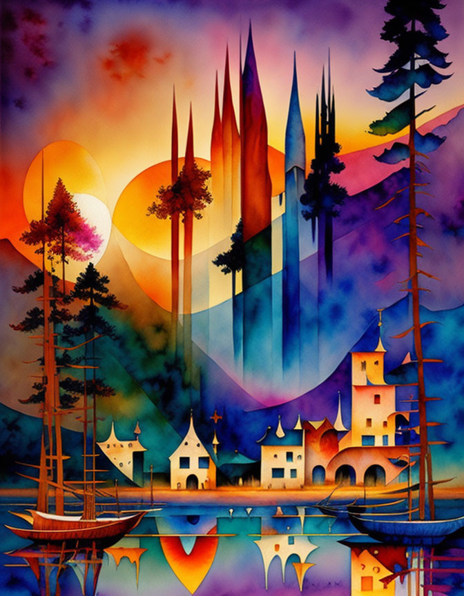 Fantastical landscape watercolor painting with spires, castle, sailboat, trees, and sunset