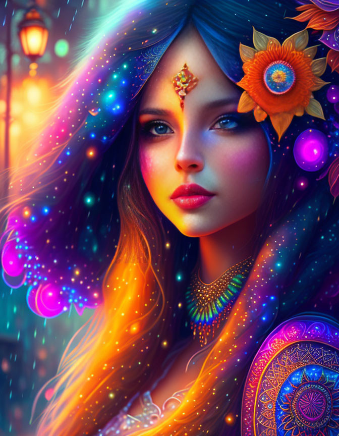 Colorful digital artwork of mystical woman with sparkling hair and jewelry against glowing orbs.