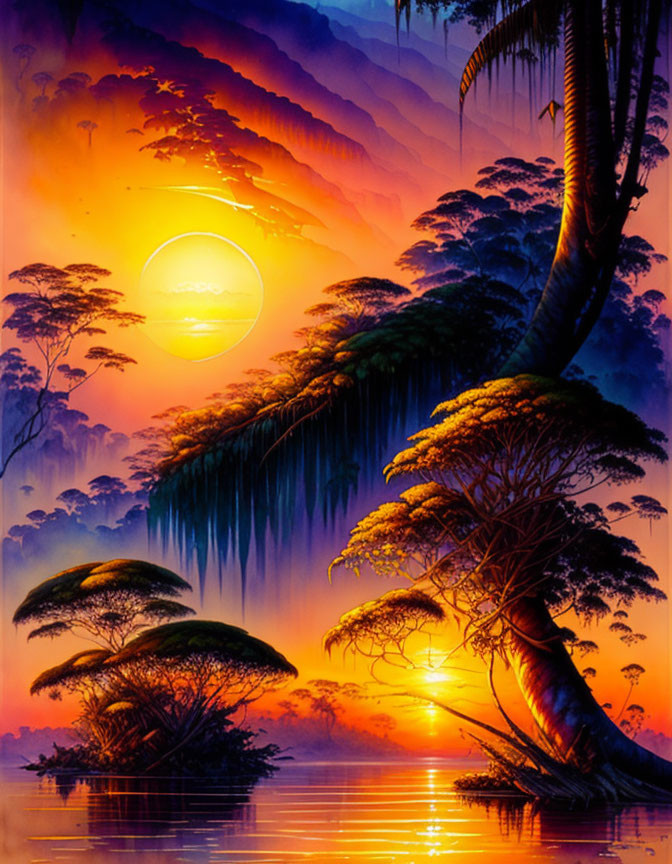 Vibrant tropical sunset with lush trees and radiant sun