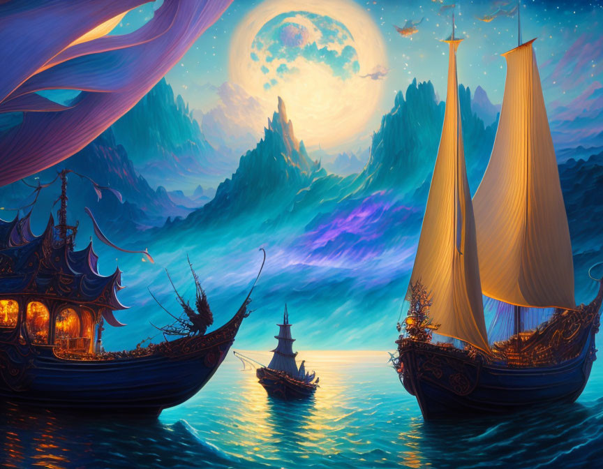 Sailing ships with billowing sails on tranquil sea at twilight