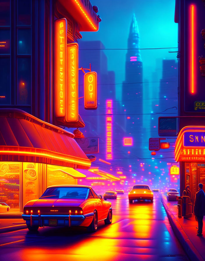 Neon-lit city street at night with classic car and illuminated buildings