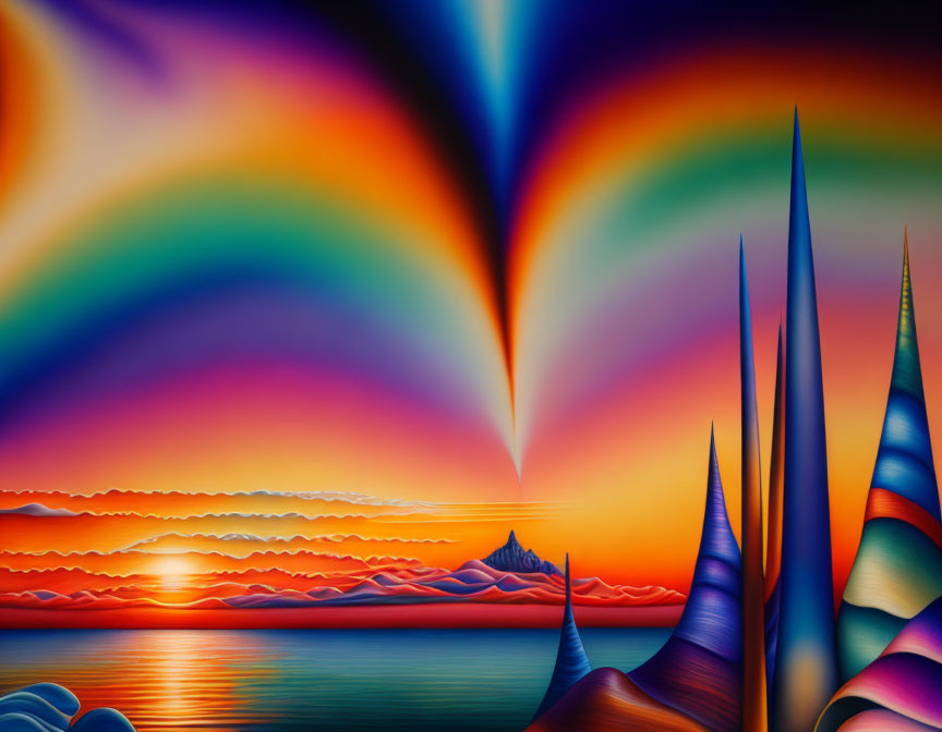 Colorful Abstract Digital Art: Purple, Blue, Orange, and Red Waves and Peaks