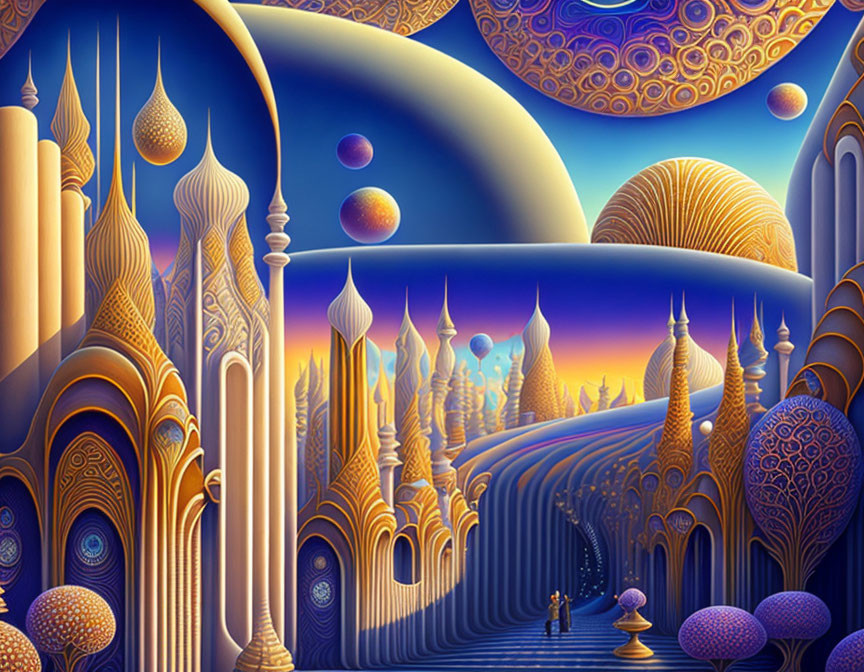 Vibrant fantasy alien landscape with ornate buildings and celestial bodies