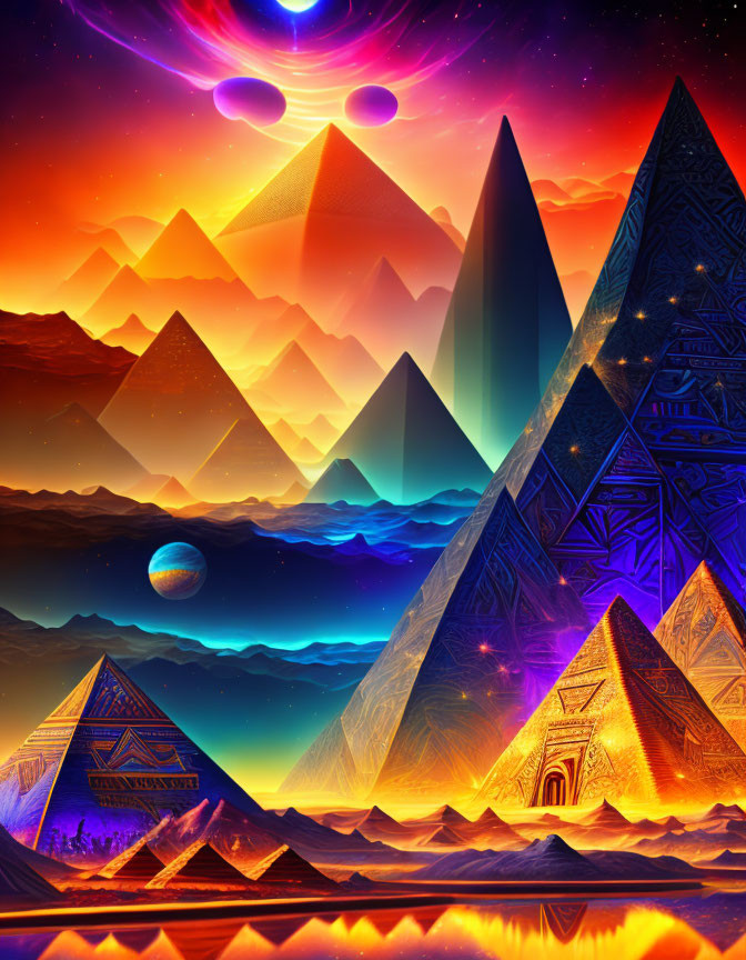 Surreal digital artwork: Egyptian motifs with sci-fi pyramids & cosmic sky