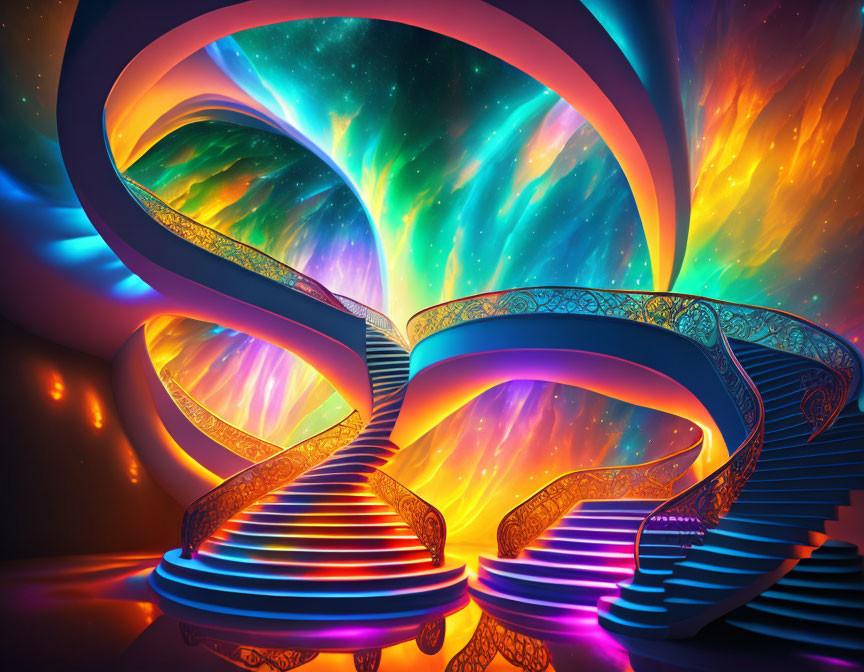 Colorful digital art: Swirling staircase structures in cosmic space