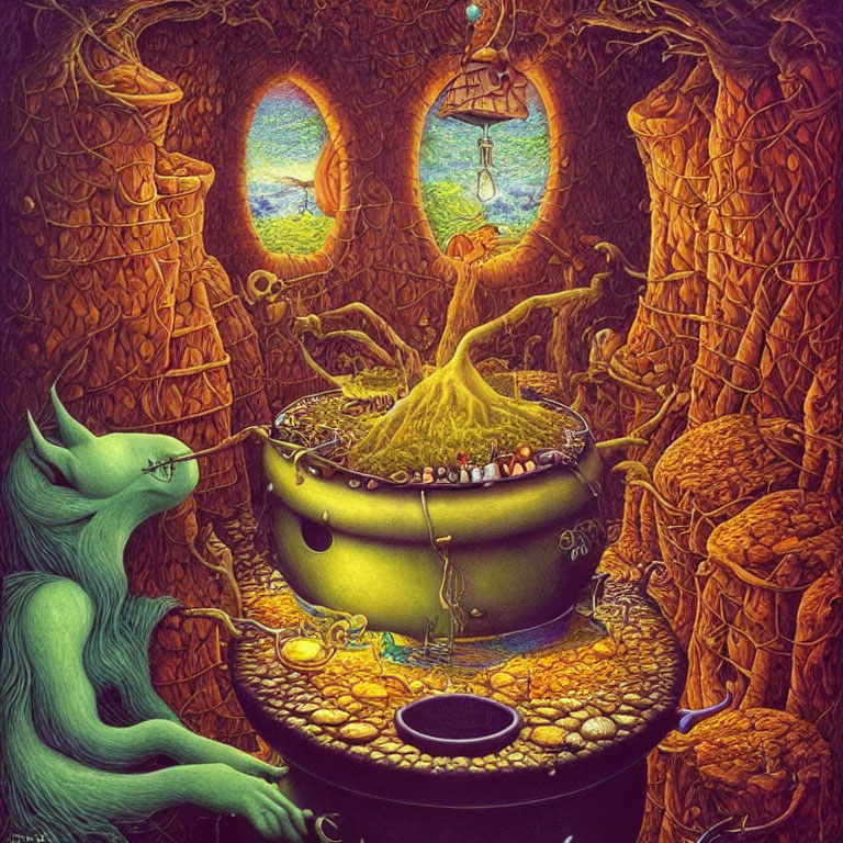 Mystical room with cauldron, coins, creature, potions, roots, and windows