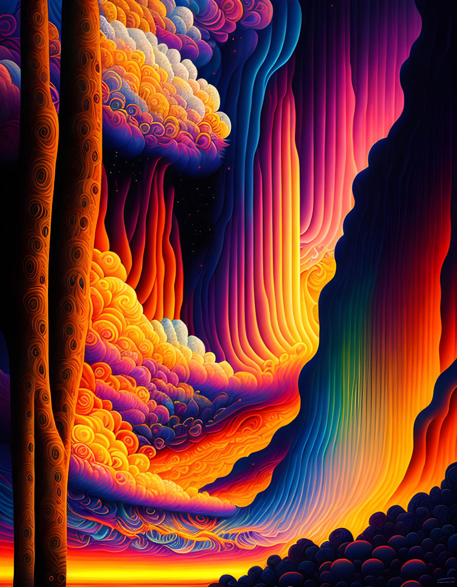 Colorful Psychedelic Landscape with Clouds and Waves in Orange, Blue, and Purple