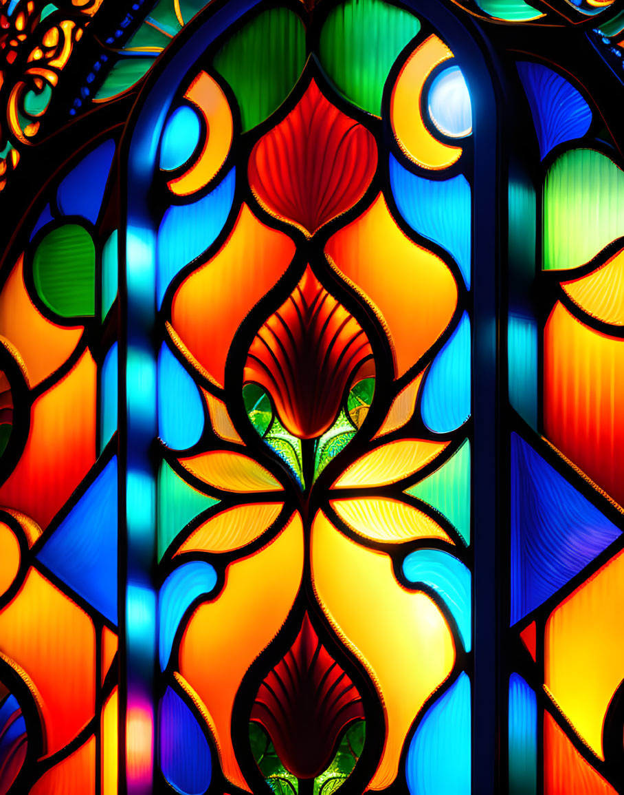 Colorful Stained Glass Window with Symmetrical Designs in Blue, Green, Orange, and Red