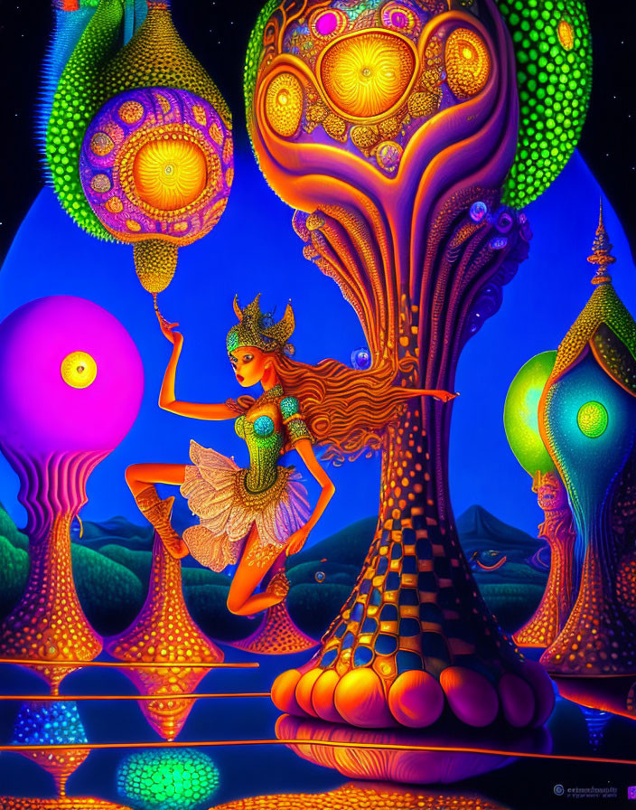 Colorful Psychedelic Illustration: Figure with Horned Headdress Dancing Among Mushroom-like Structures under