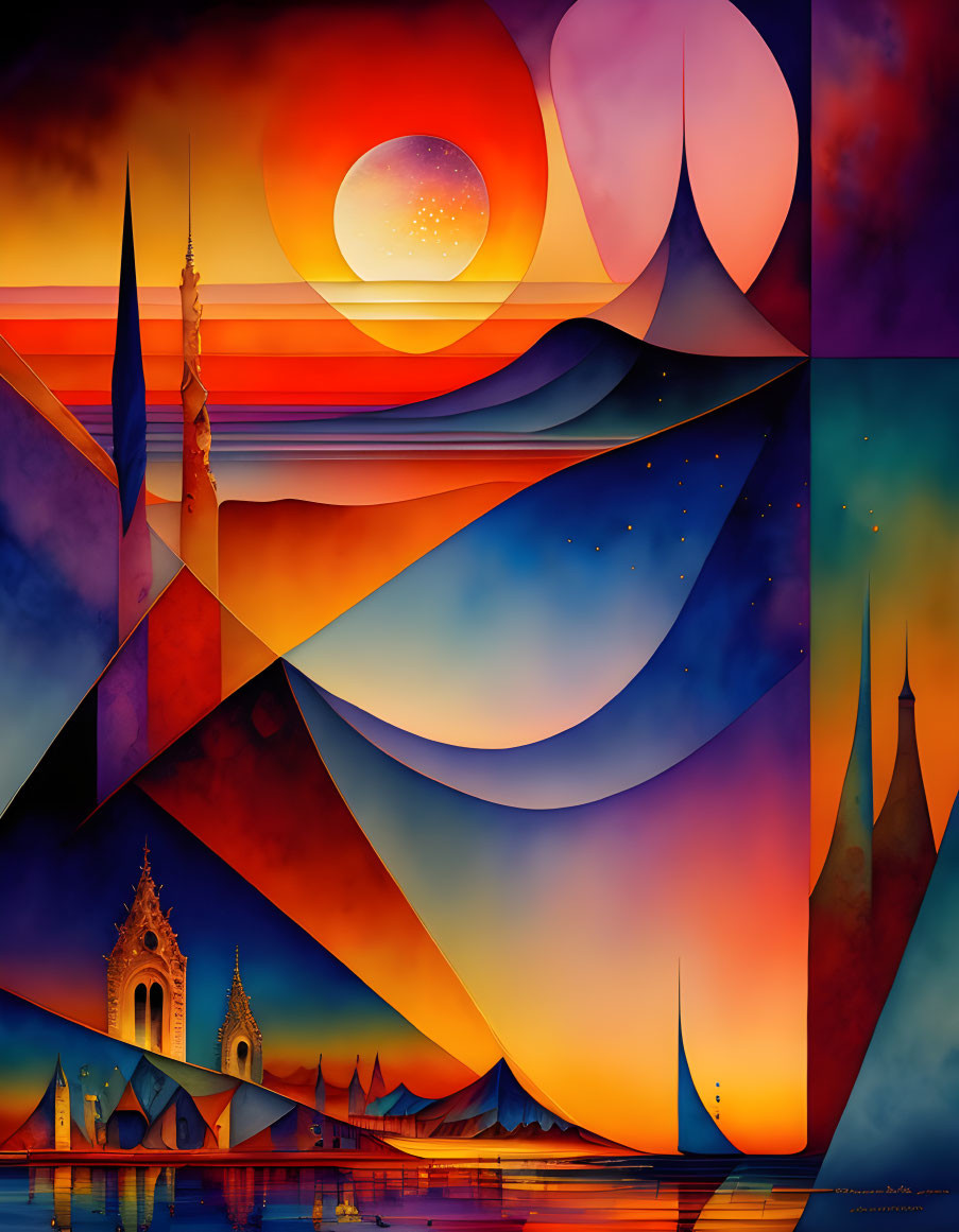 Abstract geometric shapes in warm colors under starry sky