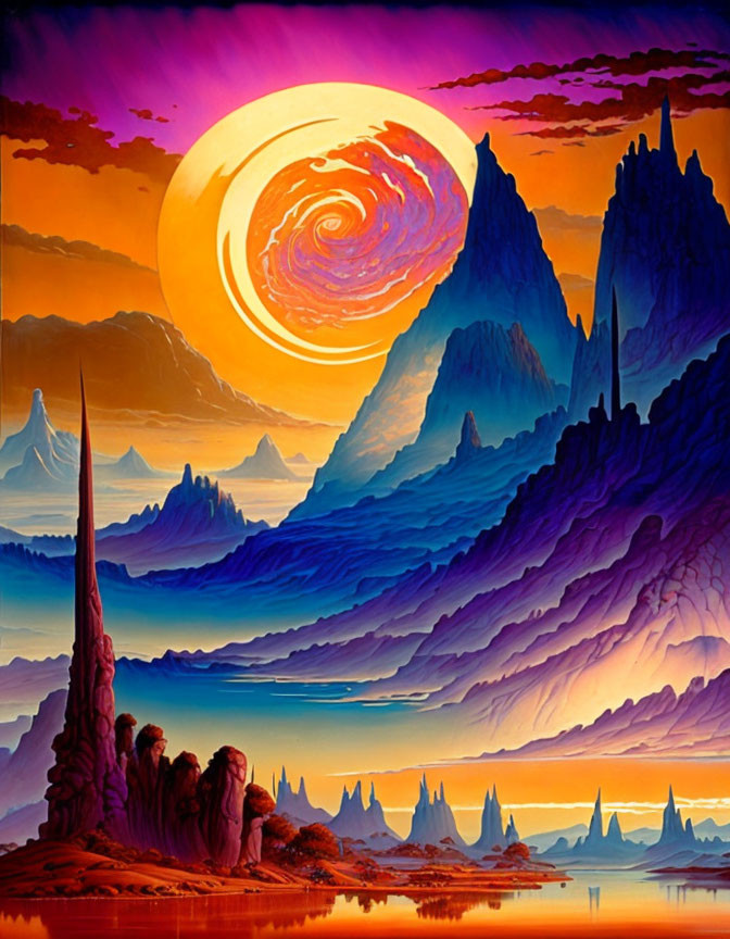 Colorful fantasy landscape with spires, layered mountains, and celestial body