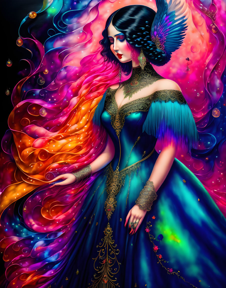 Colorful woman with flowing hair in blue gown and bird illustration