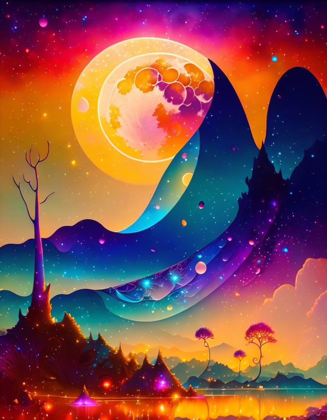 Fantasy landscape with crescent moon, stars, surreal sky, lake, and trees