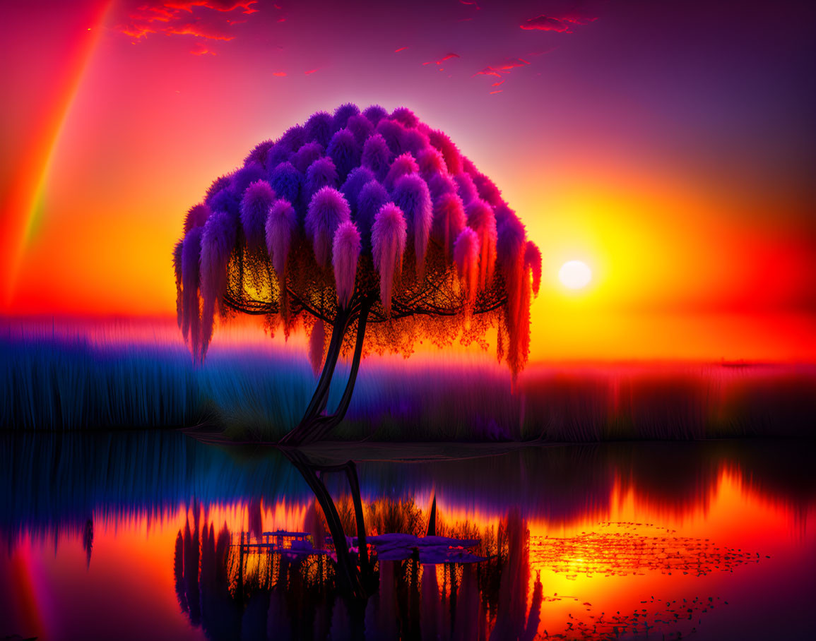 Vibrant surreal landscape with purple tree, water reflection, vivid sunset, and rainbow beam