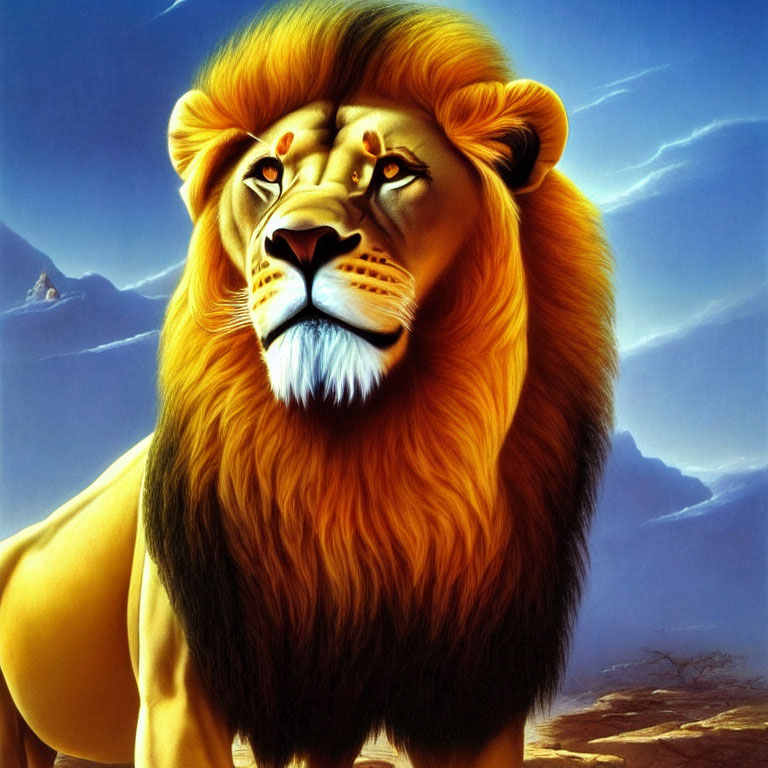 Majestic lion with full mane on sky-blue backdrop and savannah hint