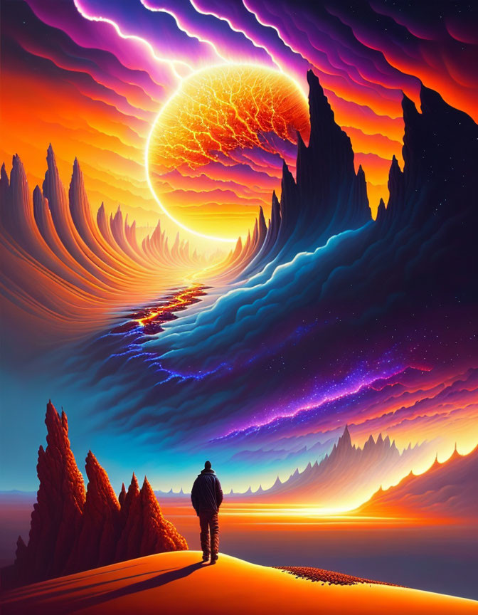 Person in surreal landscape with vibrant colors and cosmic body