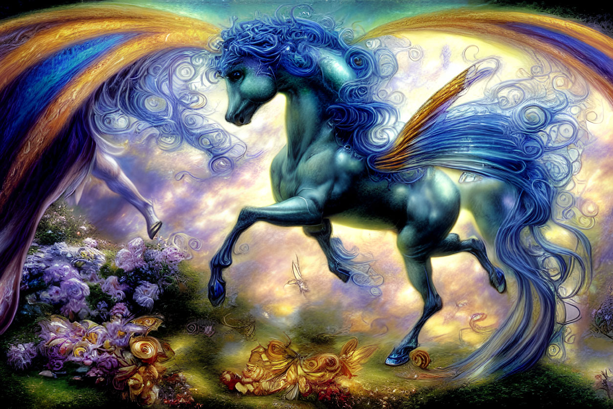 Vibrant blue winged horse in colorful garden scene