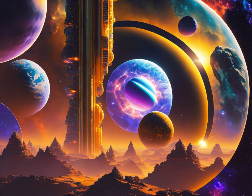 Colorful cosmic landscape with alien structures, planets, rings, and sunset.