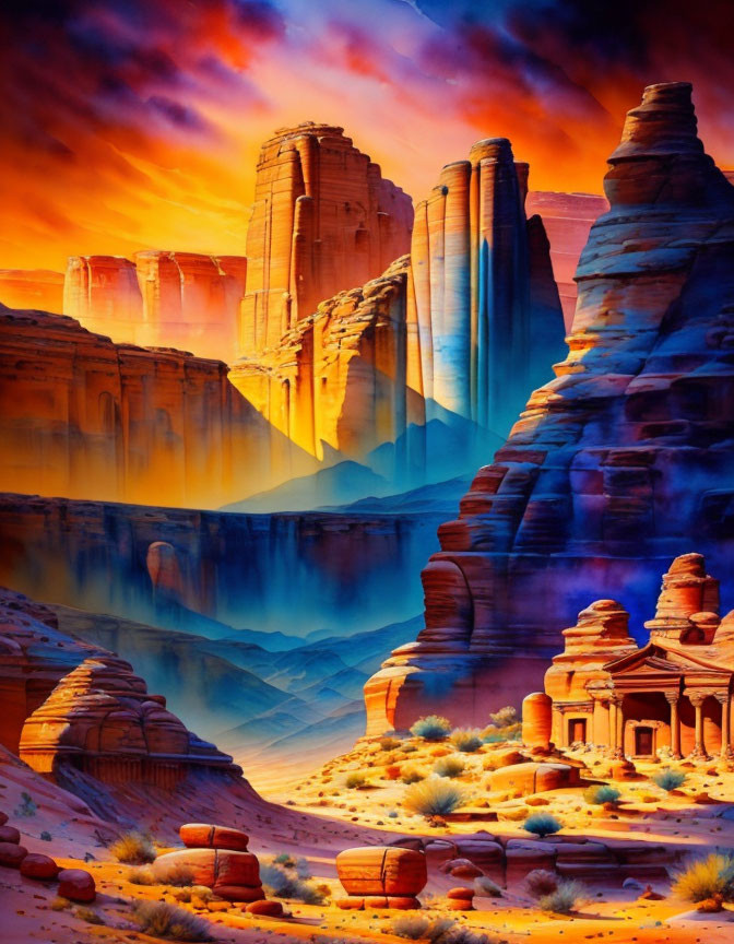 Majestic desert sunset: sandstone cliffs, river, rock-cut architecture