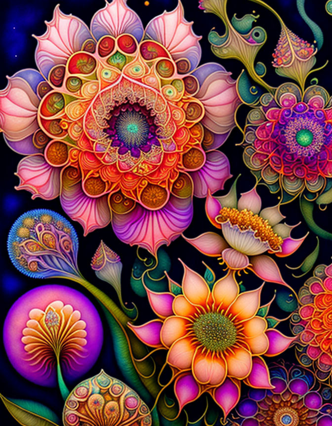 Colorful psychedelic floral patterns on dark background