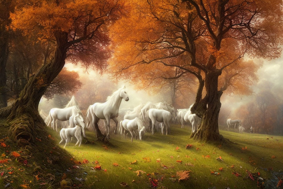 White Horses Galloping in Autumnal Forest with Golden Leaves