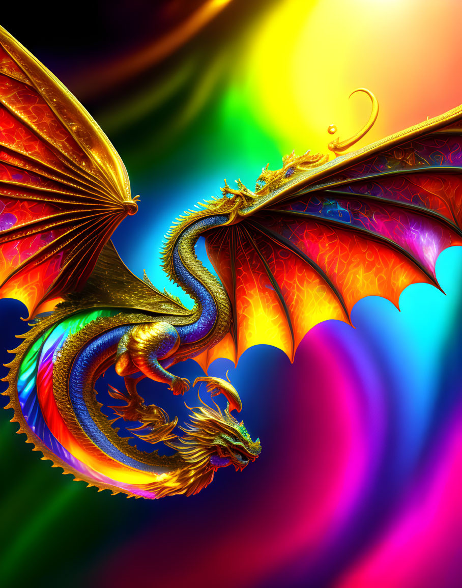 Colorful Illustration: Majestic Golden Dragon Flying in Rainbow Background