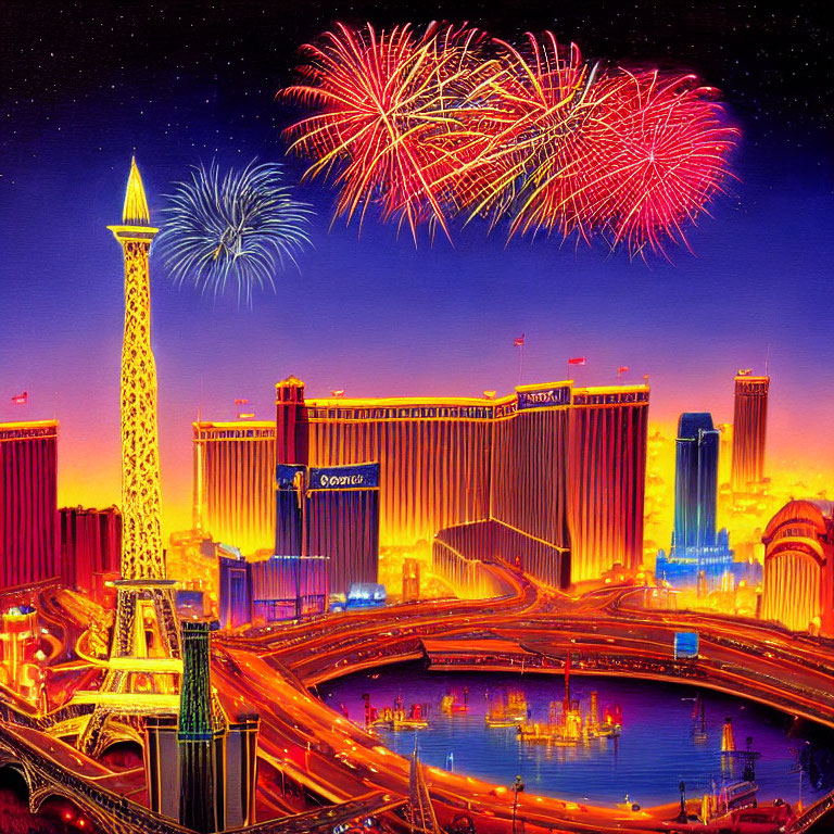 Colorful fireworks illuminate Las Vegas Strip with Eiffel Tower replica at twilight