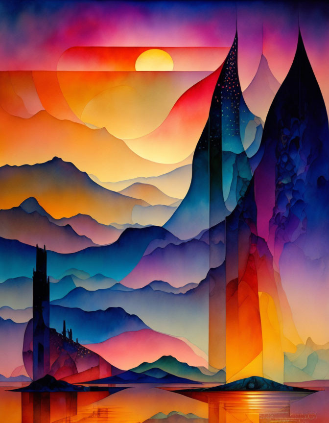 Colorful Stylized Landscape with Towers, Hills, Sun, and Water Reflections