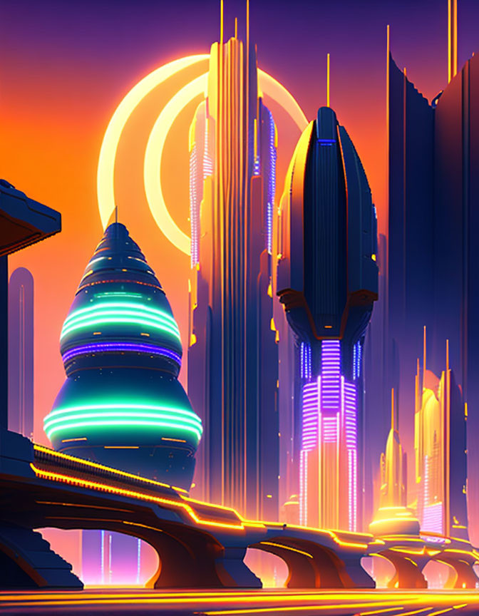 Futuristic Cityscape with Neon Lights and Towering Structures