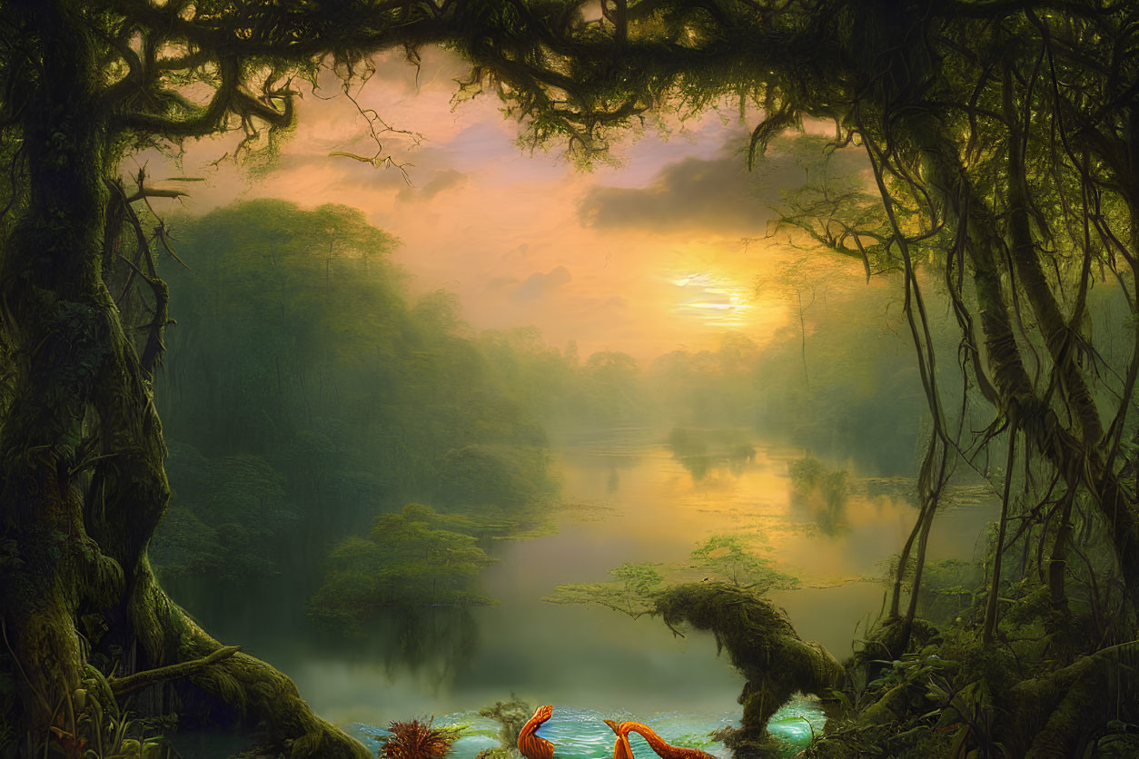 Mystical jungle scene at sunset with calm river, large trees, vines, and red exotic birds