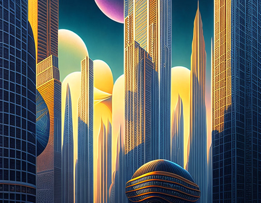 Futuristic cityscape with towering skyscrapers and multiple planets in the sky