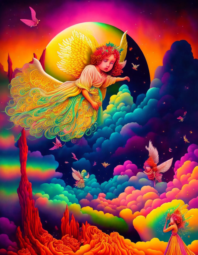 Colorful winged beings in vibrant fantasy artwork.