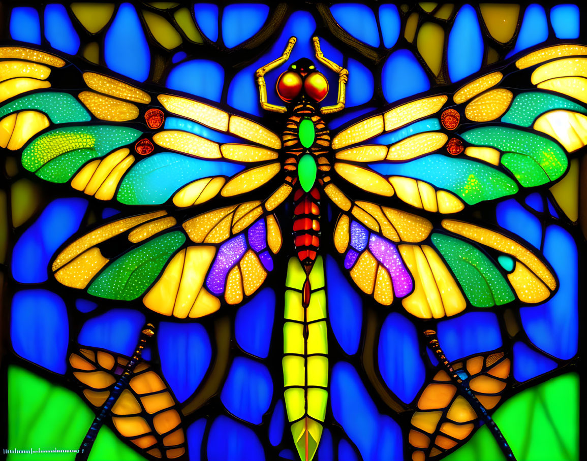 Colorful Dragonfly Stained Glass Artwork with Intricate Patterns