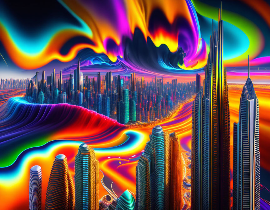 Surreal cityscape with neon waves, illuminated skyscrapers, and futuristic road