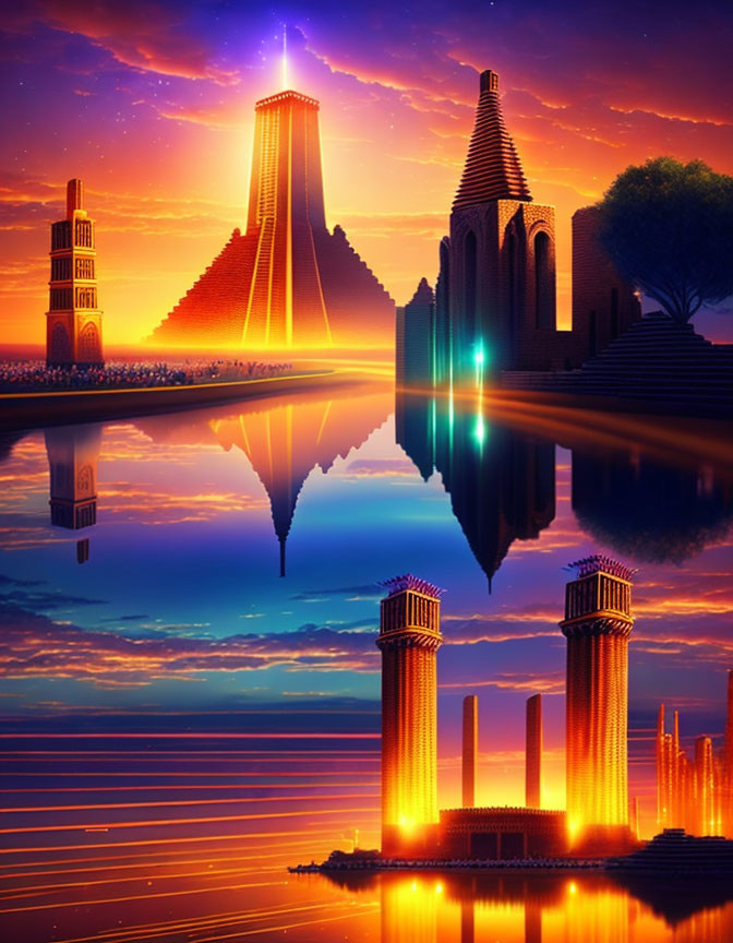 Fantastical landscape with towering structures reflecting on tranquil water under a sunset sky.