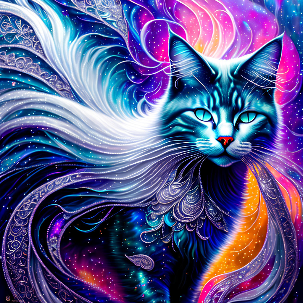 Colorful Illustration: Mystical Cat with Cosmic Background