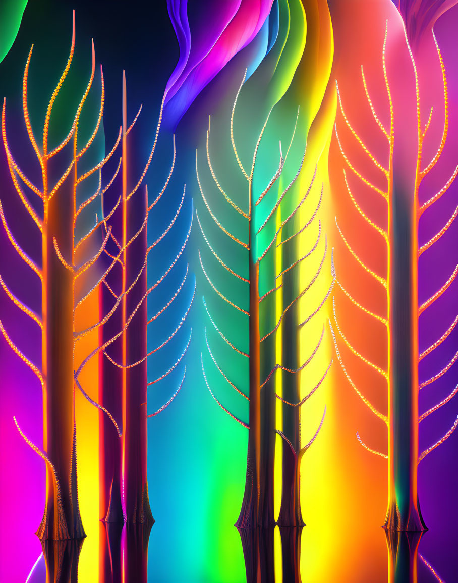 Colorful digital art: stylized trees with glowing veins on neon backdrop