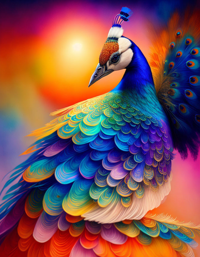 Colorful Peacock Illustration with Multicolored Feathers