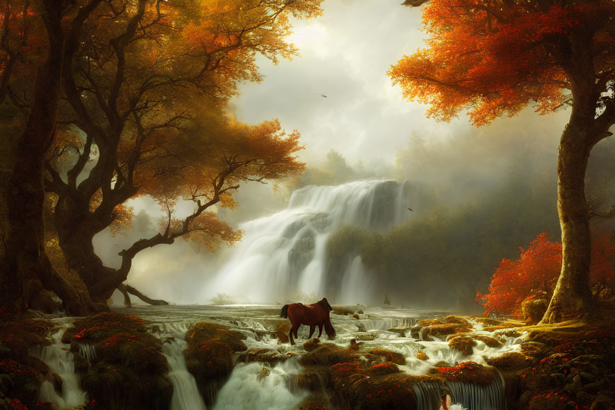 Tranquil autumn scene with waterfall, horse, and mist