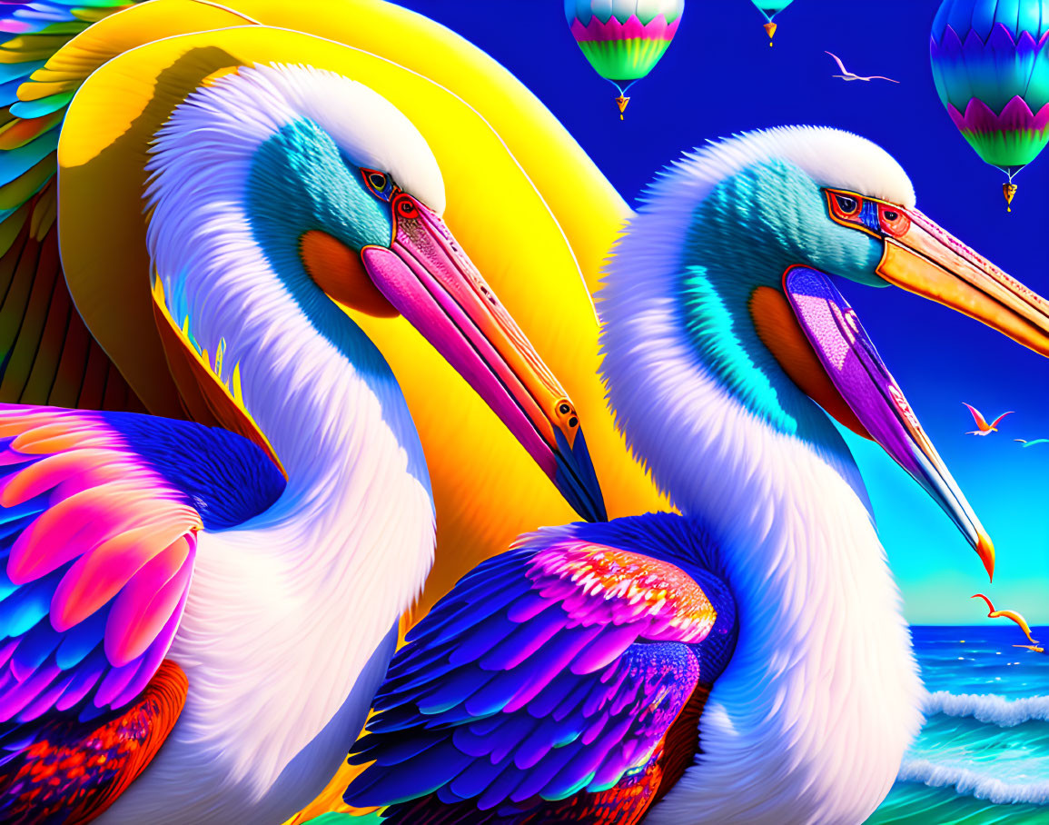 Colorful Pelicans with Sunset and Hot Air Balloons in Surreal Scene