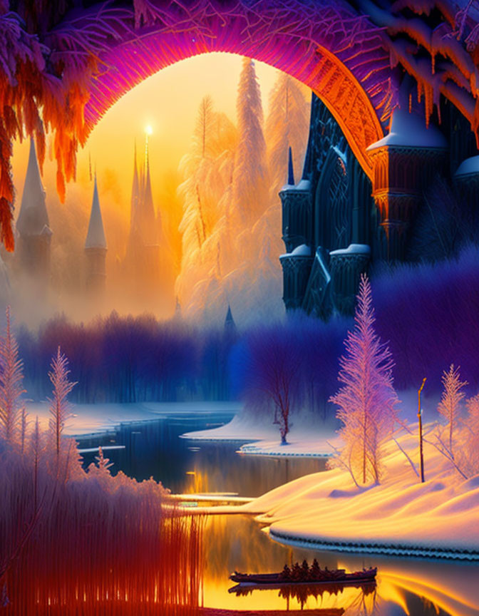 Fantasy winter landscape with glowing orange light, arched bridge, icy trees, tranquil river, and