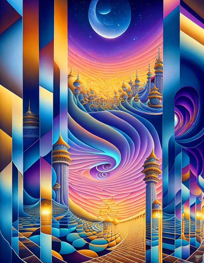 Colorful surreal artwork with swirling patterns, fantastical spires, and crescent moon.