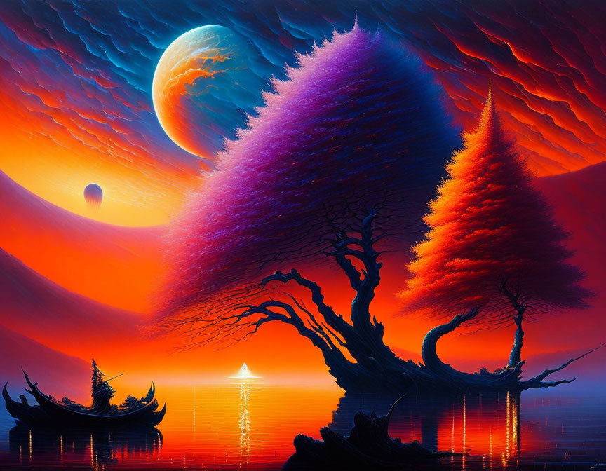 Fantasy landscape with fiery skies, moon, water reflection, and silhouetted trees