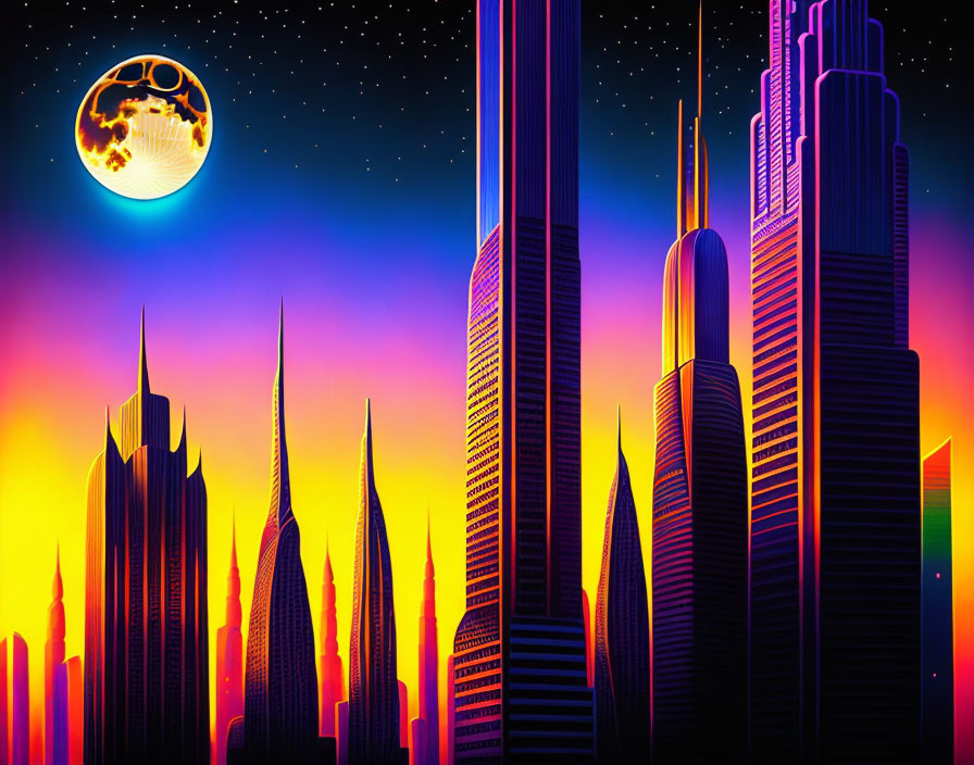 Futuristic cityscape at night with neon colors and skyscrapers