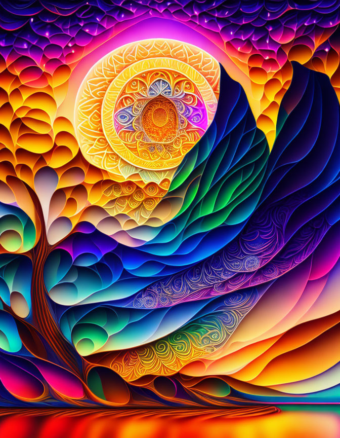 Colorful tree with mandala & swirling designs in digital artwork