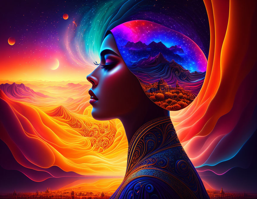 Colorful illustration: Woman with cosmic landscape silhouette on surreal sunset background