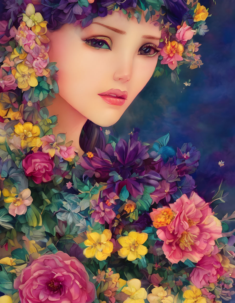 Illustrated woman with floral wreath and vibrant flowers on dark background