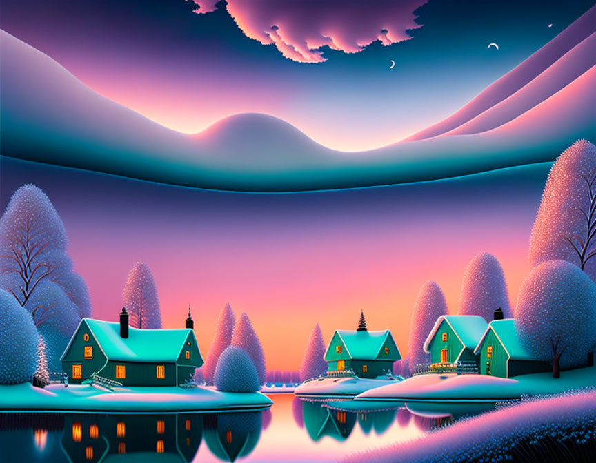 Winter Dusk Scene: Cozy Cottages, Snowy Trees, Lake, Purple Sky