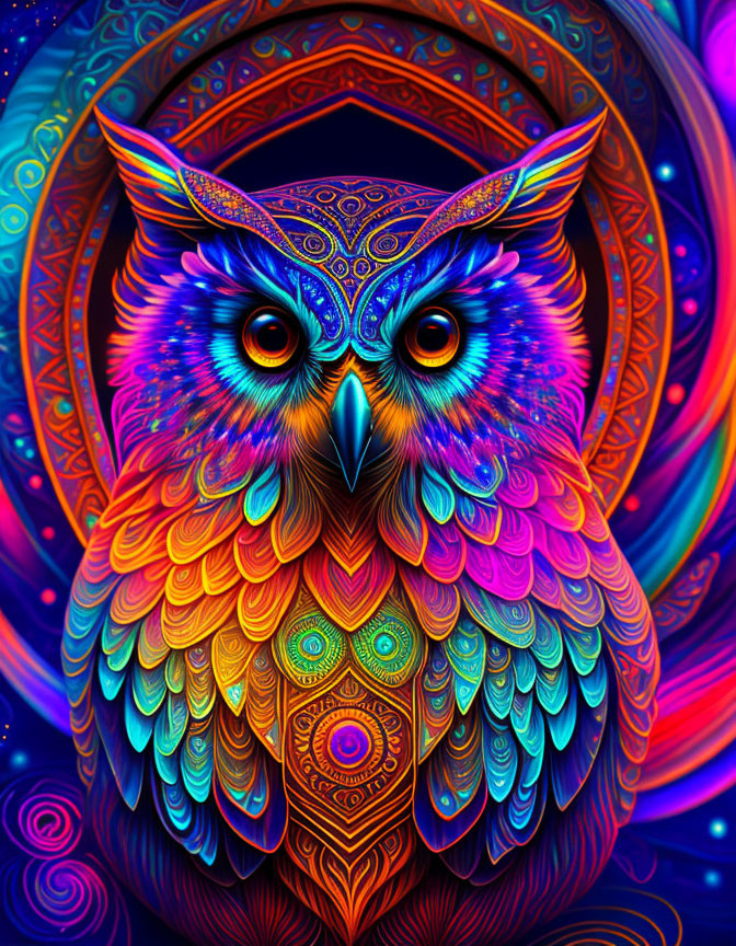 Colorful Psychedelic Owl Illustration with Neon Background